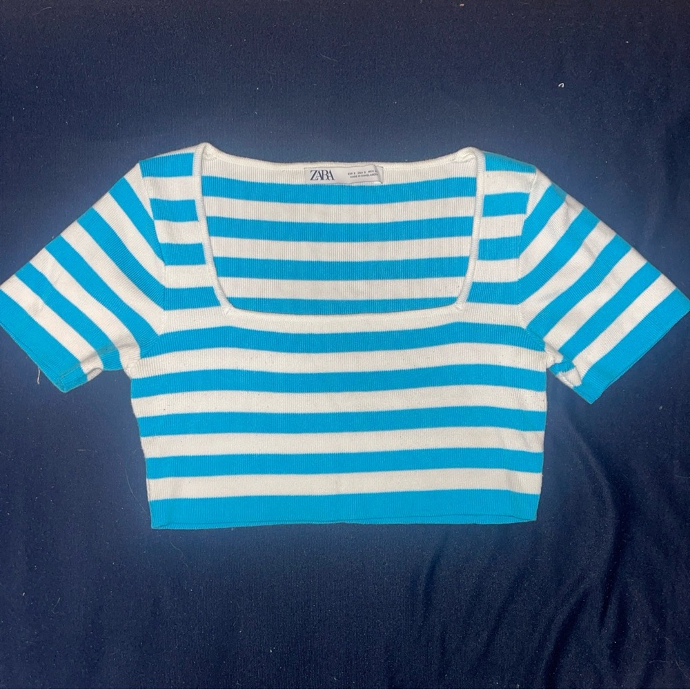 Zara Blue White Striped Knitted Cropped Top Short Sleeve Women’s Sz Small
